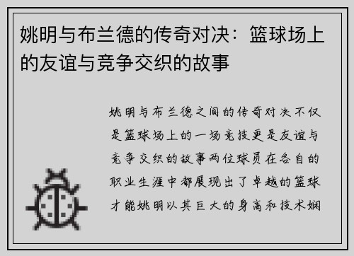 姚明与布兰德的传奇对决：篮球场上的友谊与竞争交织的故事